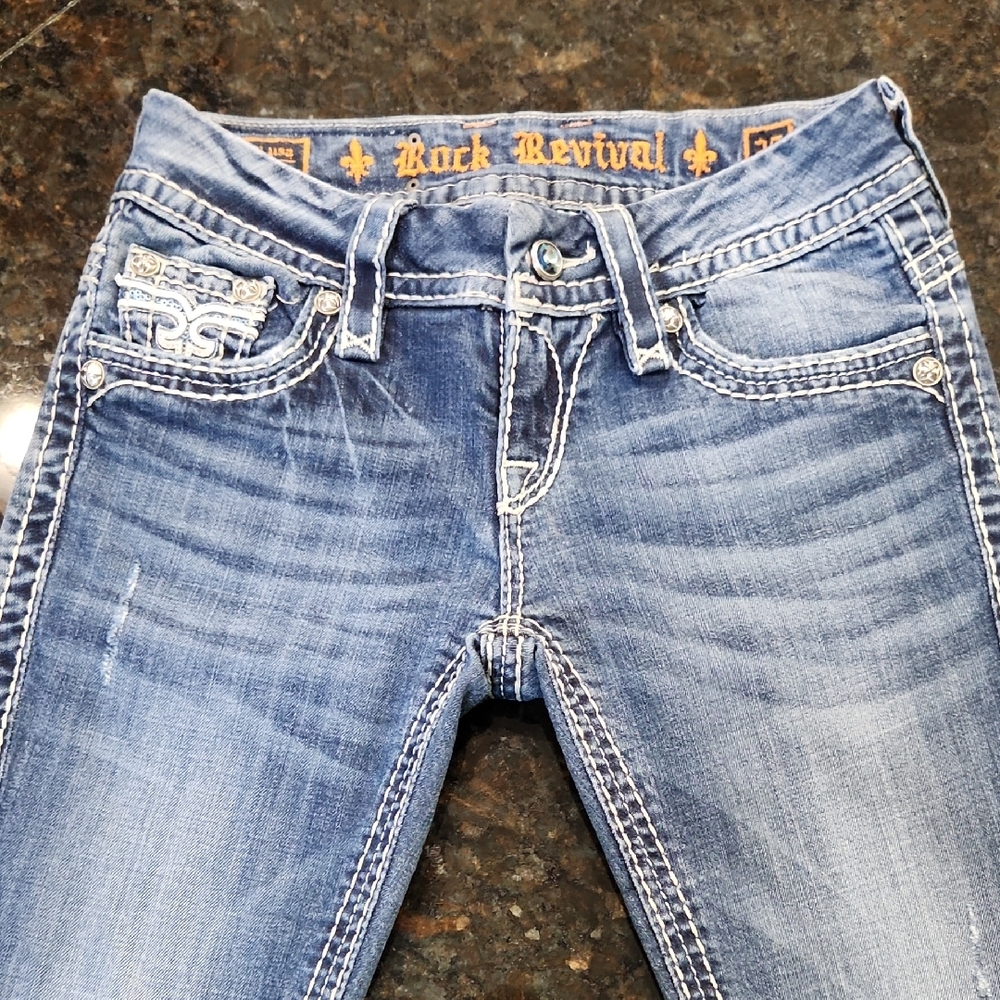 Rock Revival Blue Skinny Jeans with Distressing and Whiskering